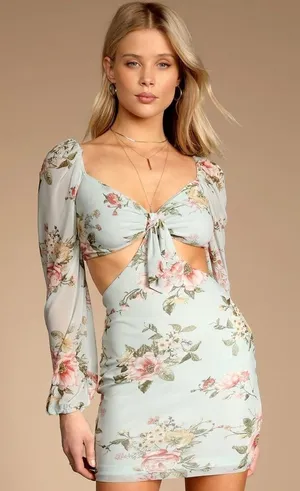 Lulu’s Ode to Spring Mint Floral Print Tie-Front Bodycon Mini Dress Size XL​‎ thumbnail 1