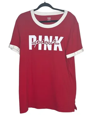 Pink Victoria's Secret Ringer Tee Women Red Logo Graphic Short Sleeve - Large thumbnail 1