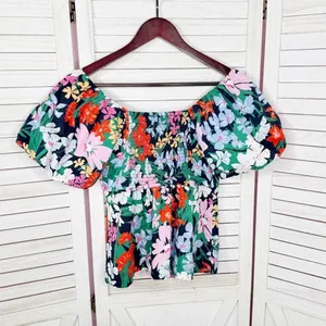 Old Navy Floral Puff Sleeve Peplum Flared Hem V‎ Neck Top Shirt Blue Multi Small thumbnail 9