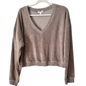 Beyond Yoga Tropez Crop Pullover Size XL Terry Cloth Birch Brown Slouchy V Neck thumbnail 3