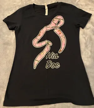 Women’s Ideal T by NEXT LEVEL Black Tee with Pink Camo Ribbon "His Doe" Size M thumbnail 1
