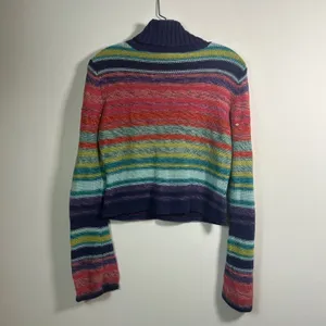 Rocket Candy Vintage Rainbow Striped Beaded Turtleneck Cropped Sweater Large thumbnail 2
