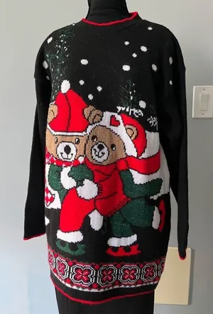 Vtg 80s pair of Christmas teddy bear sweater M ice skating winter holiday cute thumbnail 1