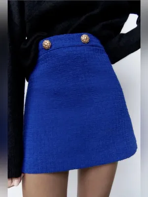 Zara Sapphire Blue Tweed Mini Skirt with Gold Buttons thumbnail 2