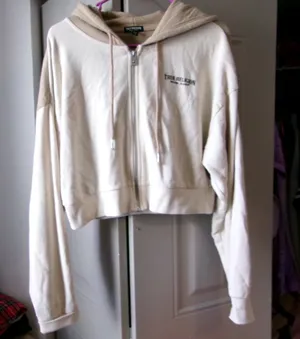 True Religion Brand Jeans cropped hoodie sweatshirt in beige/khaki size medium. thumbnail 1