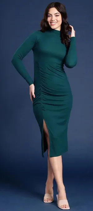 Mast & Harbour Dress Bodycon Ruched Midi Teal Green‎ Size Small Women Side Slit thumbnail 1