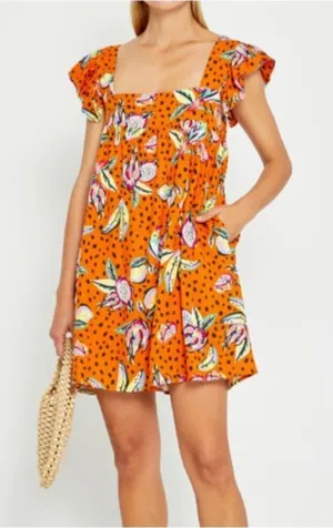 Anthropologie Kourt Aria Linen Tropical Short Dress Pockets Fruit Bird Medium thumbnail 1