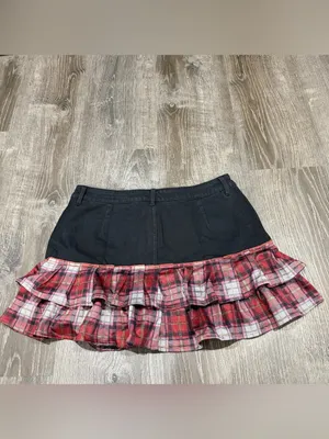 NWT Halara Flex Denim Plaid Ruffle Mini Skirt thumbnail 3
