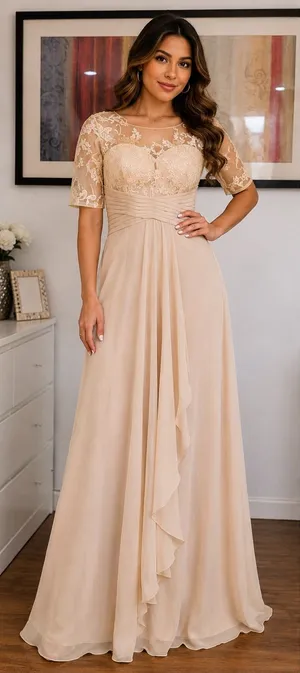 Elegant Lace Bodice Chiffon Evening Dress - Beige thumbnail 1