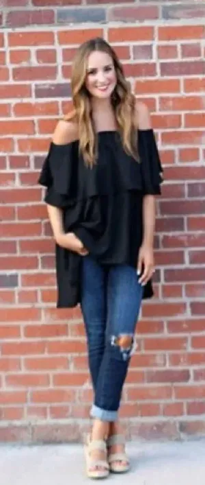 ✨Black Off The Shoulder Dip Hem Blouse✨ Black Size M thumbnail 1
