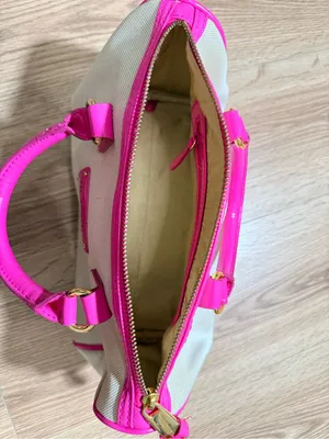 Victorias Secret Beige Canvas Satchel Bag Hot Pink Patent Trim Gold Hardware thumbnail 7
