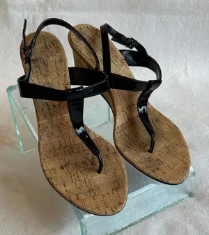 Black Patent Leather & Cork Wedge Heeled Sandals size 8 thumbnail 1