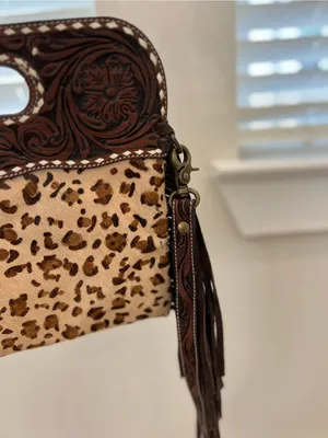 Rafter T Ranch Co Women's Brown Leopard Leather Crossbody Bag with Fringe thumbnail 7