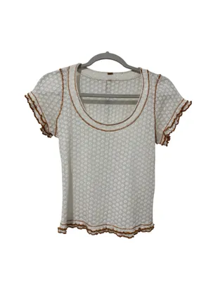 Free People Cream Garner Short Sleeve Top with Brown Stitching Accent thumbnail 2