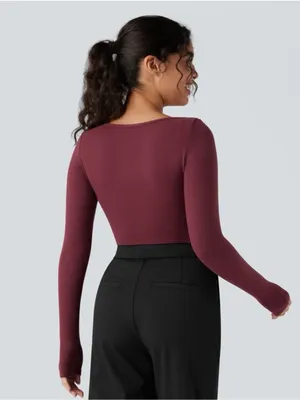 🌸Lucky Brand square-neck long sleeve contour top in a burgundy / maroon shade.M thumbnail 3