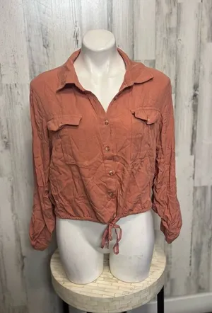 No Boundaries Terracotta Rust Cropped Button Down Shirt Womens XL 15-17 Drawstri thumbnail 1