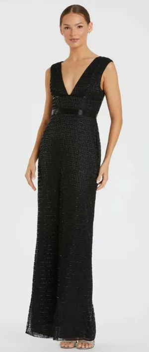 Mac Duggal 5625 Black Beaded Cap Sleeve V Neck Column Evening Gown Dres - Size 4 thumbnail 1