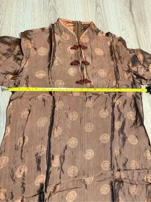 Vintage Cheongsam Qipao Maxi Dress Brown Gold Shou Medallion Frog Button M thumbnail 4