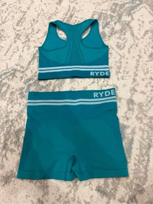 Ryderwear Active Teal Ribbed Sports Bra & Biker Short Set Small thumbnail 5