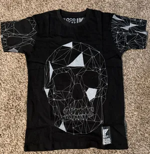 Iron Fist Black short‑sleeve tee featuring a large geometric skull graphic in silver. Modern, edgy design. Great for alternative and streetwear looks. thumbnail 1