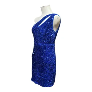 One Shoulder Velvety Sequin Mini Dress Blue Medium thumbnail 3