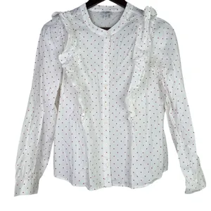 J.Crew Cotton Poplin Ruffle Heart Print Button Down LongSleeve Shirt M White Red thumbnail 13