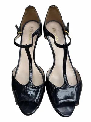 Prada Black Patent Leather T-Strap Peep Toe Heels thumbnail 2