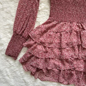 Bardot Dress Georgette Soft Floral Tiered Shirred Mini Long Sleeve Pink M thumbnail 8