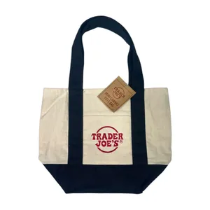 Trader Joes Mini Canvas Tote Bag Cream Blue Logo Embroidered Reusable Grocery thumbnail 2