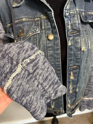 Free People Distressed Denim Jean Jacket W/ Knit Sleeves & Hood thumbnail 8