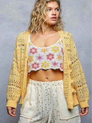 POL Open-Knit Floral Button‎ Cardigan - Large thumbnail 1