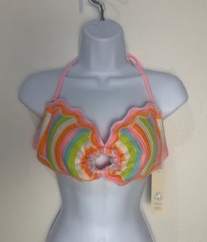 No Boundaries Crochet Bandeau Bikini Top‎ Pink Multi Stripe Large 12-14 NEW thumbnail 1