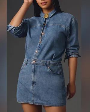 Anthropologie Pilcro Long-Sleeve Denim Micro Mini Shirt Dress Large thumbnail 1
