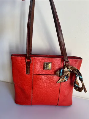 Dooney & Bourke Orange Pebble Leather Tote with Contrasted Straps & added tie thumbnail 1