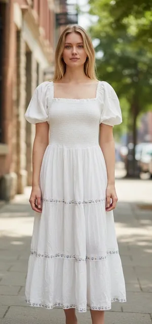 NWT Rachel Zoe White Puff-Sleeve Smocked Maxi Dress Floral Trim Cotton 10 thumbnail 1