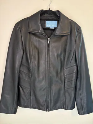 Nine West Soft Genuine Leather Jacket Black Zip Front Women M thumbnail 1