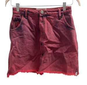 One Teaspoon Sz 26 Dark Red Denim Button Front Raw Hem Jean Mini Skirt Grunge thumbnail 1