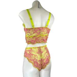 Savage x Fenty Yellow Pink Lace Brallete High Waist Bottom Lingerie 2 Pc Set 1XL thumbnail 2