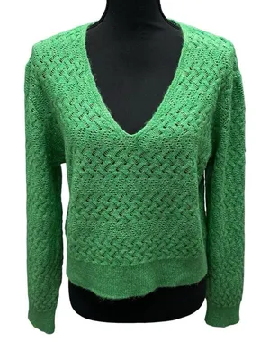 MANGO -MNG Green V Neck Sweater‎ Women Size Medium Long Sleeve thumbnail 1