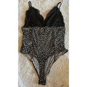 Revamped Bodysuit Teddy Black Gray Floral Thong Lace Trim Sheer Size Small NWOT thumbnail 2