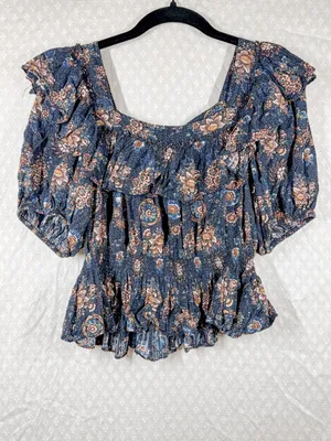 Ulla Johnson‎ Blue Brown Floral Tiered Puff Sleeve Top thumbnail 2