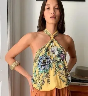 NWT FREE PEOPLE Higher Love Teal Floral Silky Halter High Neck Knotted Large thumbnail 1