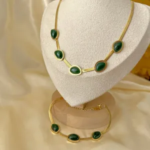 18K Gold Plated Emerald green snake Necklace SET Stainless Steel womens jewelry thumbnail 8
