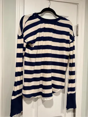 NWOT Free People We The Free Size XL Blue Cream Striped Thermal Knit V Neck Top thumbnail 9