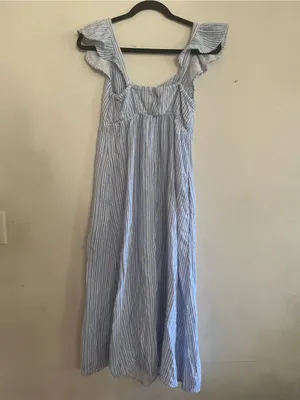 100% Cotton Blue White Striped Midi Dress XS Euro Summer Coastal Resort Beach thumbnail 6