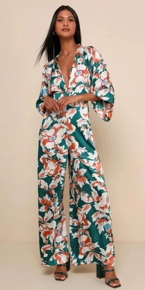 Lulu’s Teal Floral Print Bell Sleeve Wide-Leg Jumpsuit thumbnail 1