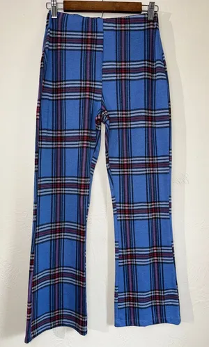 Urban Outfitters Blue Plaid Knit Flare Pants M thumbnail 1