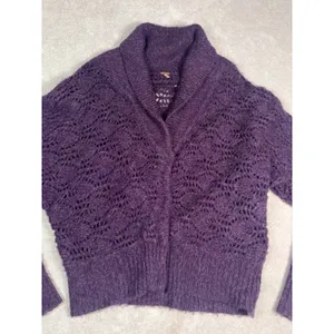 Free People Sweater Cardigan Wool Blend 4 Snap Purple Open Weave Chunky Knit M thumbnail 6
