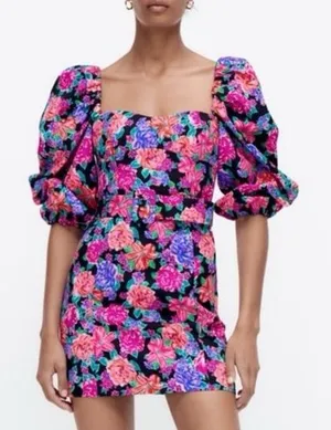 ZARA | BLOGGER FAVE Floral Print Belted‎ Puff Sleeve Square Neck Mini Dress thumbnail 1