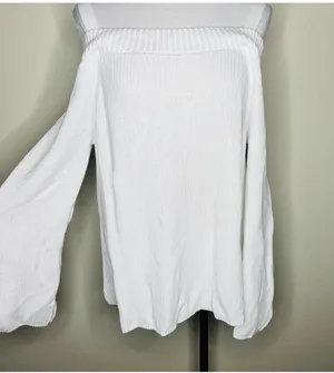 525 America NWT Born In Brooklyn Sweater LARGE Cold Shoulder Ribbed Wide Sleeve White thumbnail 1